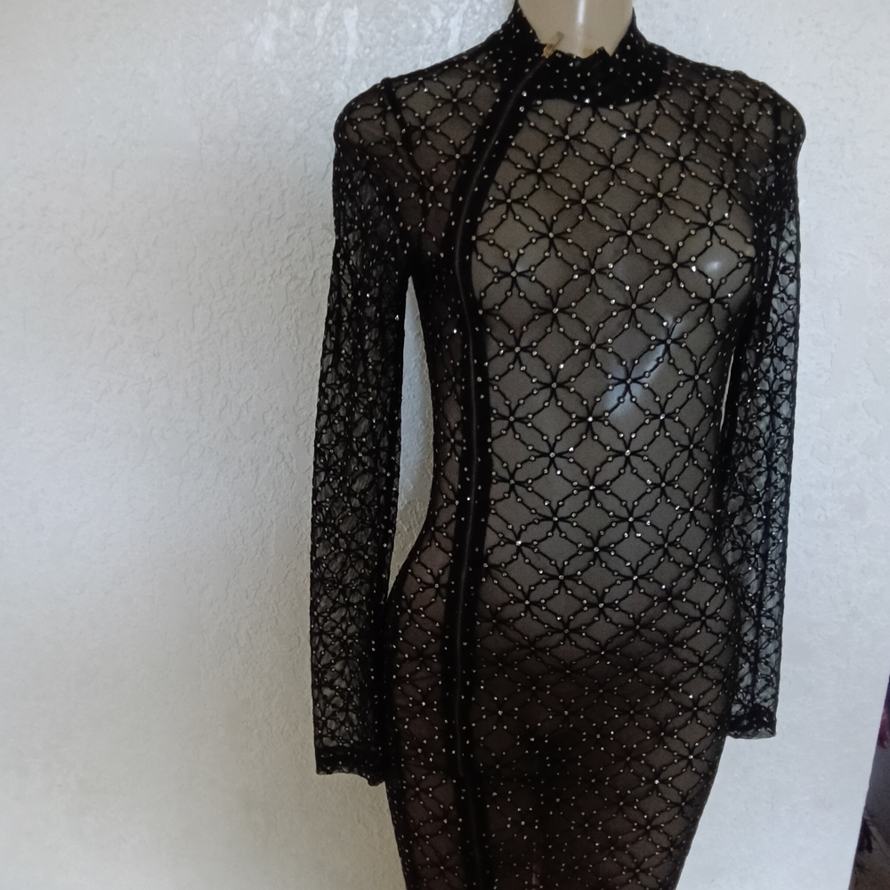 Mugler Black Sheer Beaded Midi Dress